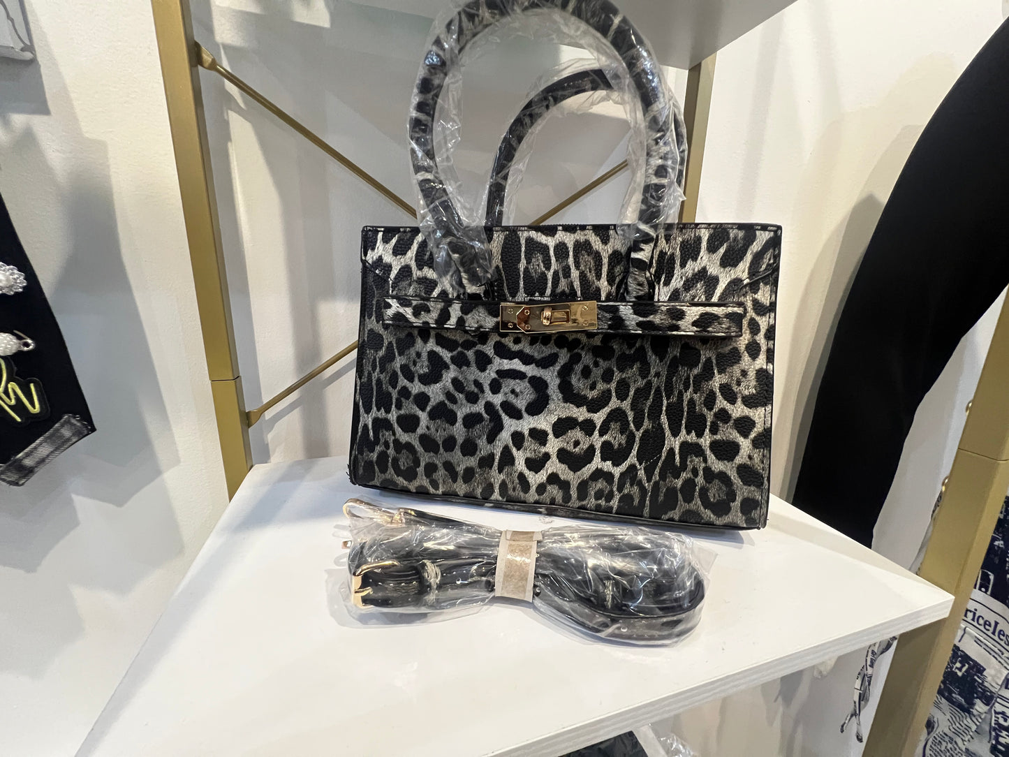 Black leopard print handbag