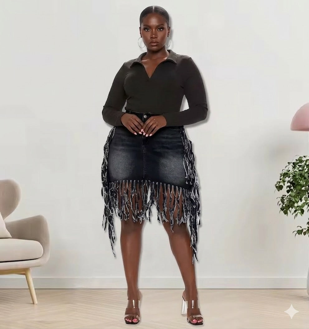 Denim Fringe Skirt